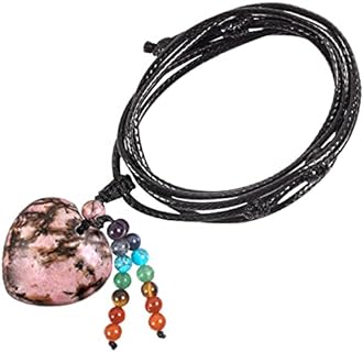 Rope Clasp Rhodonite Crystal Heart Pendant Necklace for Men and Women, Handmade 7 Chakra Stones Tassel Adjustable Love Amulet