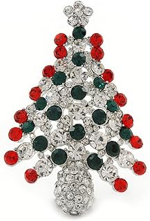 Festive Holly Jolly Brooch with Austrian Crystals and Rhodium Plating - Versatile Christmas Tree Design with Rotating Pin Clasp - 55mm