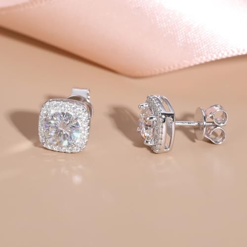Moissanite Square Earrings Stud Screw Back 0.6-2.0ct 4-6mm 18K White Gold Plated 925 Sterling Silver Moissanite Diamond Halo Stud Earrings for Women Girls Men