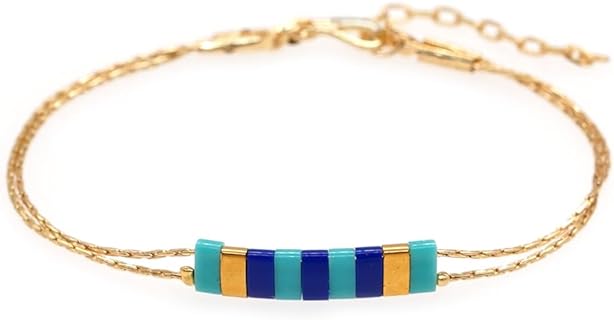 Sonateomber Tila Flat Beaded Gold Dainty Layered Link Adjustable Bracelets for Women Girls, Cute Handmade Colorful Mixed Beads Boho Stackable Friend Bracelet Trendy Jewelry Gift