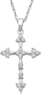Jewelili 10K Gold 1/4 Cttw Natural White Round Diamond Cross Pendant Necklace, 18" Rope Chain