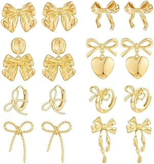 LOFITOR 14K Gold Plated Bow Hoop Earrings, Nickel-free Brass Stud Earrings for Women and Girls, Push Back Fastening, Adorable Bowknot Design Jewelry Gift Set
