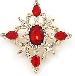 Red/Clear Austrian Crystal Diamond Shape Corsage Brooch In Gold Plating - 50mm L