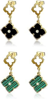 Fannifen 2Pairs Earrings for Women Studs Lucky Clover 14K Gold Clover CZ Dangle Earings Girls Jewelry Gifts