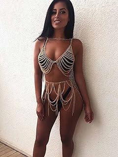 Boho Body Chain Bra Gold Sexy Rhinestone Bikini Bra Body Halter Backless Sequins Chain Bra Beach Body Accessories Jewelry for Women and Girls (Gold Bra + Skirt)