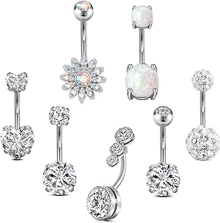 Surgical Stainless Steel Belly Button Rings by VCMART with Hypoallergenic Finish, Ideal for Navel Piercing, Multiple Designs Available, Gauge Size 14G - 7 Piece Pack