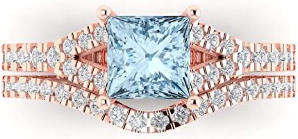 Clara Pucci 2.01ct Princess Cut Natural Aquamarine Engagement & Anniversary Ring Set in 18K Rose Gold, Size 3.5 with Engraving Option