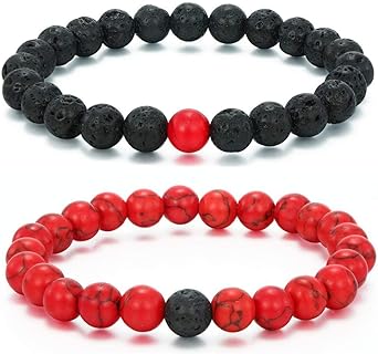 MengPa Mens Beaded Bracelets Couples Matching Bracelet Set Matte Lava Rock Beads for Women Stone Jewelry