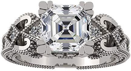 Central Diamond Center Asscher Cut Engagement Ring with Cubic Zirconia for Women, Vintage Sterling Silver or 10K Rose Gold Design