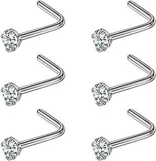 FANSING Grade 23 Titanium L-Shaped Nose Studs - Set of Six Simple, Hypoallergenic Facial Piercings in Convenient and Stylish Design
