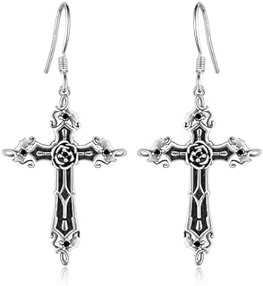 Gothic Style 925 Sterling Silver Skull/Cross Dangle Earrings with French Wire and Cubic Zirconia for Women, Men and Girls