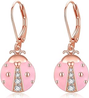 POPLYKE Sterling Silver Dangle Miraculous Ladybug Clip-On Earrings with Cubic Zirconia & Lever Back for Women/Girls - Chic Ladybug Jewelry