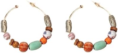 Boho Beaded Hoop Earrings for Women Girls Vintage Wood Beads Earrings Colorful Ceramic Earrings Geometric Circle Statement Earrings Charm Jewelry Gifts