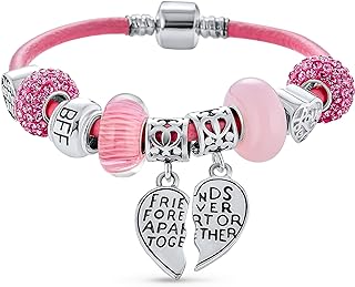 Best Friend Sorority Sister BFF Split Heart Butterfly Sports Theme Multi Charm Bracelet Genuine Pink Leather For Women Teens .925 Sterling Silver European Barrel Clasp 6.5 7 7.5 8 8.5 Inch