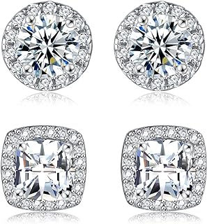 18K White Gold Plated Round Square Cubic Zirconia Simulated Diamond Halo Stud Earrings (2 Pairs)