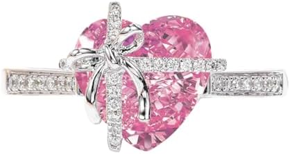 Dainty Cute 925 Silver Pink Heart Shaped Zircon Ring Bow Tie Ring for Women Anniversary Wedding Engagement Ring Promise Rings CZ Diamond Eternity Band Opening Adjustable Ring Gifts