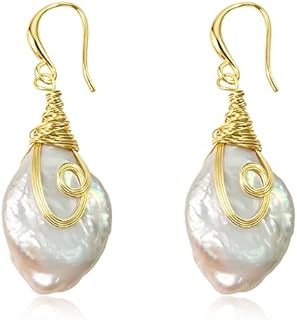 French Wire Wrap Design 25-30mm Freshwater Baroque Keshi Pearl Drop Earrings for Women in 14K Yellow Gold
