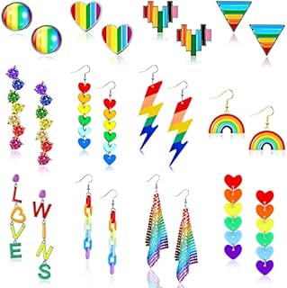 Clip-On Rainbow Pride Drop Earrings in Assorted Designs with Goldstone Gems for Women and Men - Lightweight Acrylic and Alloy Material
