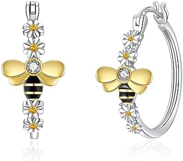 Daisy Hoop Earrings with Sterling Silver Clasp for Women, Unique Bee & Flower Design, Safe Hypoallergenic Jewelry