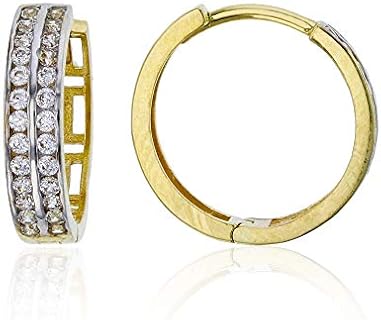 Stylish 14K Yellow Gold Greek Key Hoop Earrings with Cubic Zirconia for Women - Timeless Round Design with Click-Top Clasp