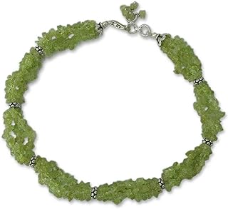 Handcrafted.925 Sterling Silver No-Clasp Bead Chain Anklet with Green Peridot Gems from India 'Song of Summer' - Ideal for Her