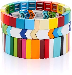 Vibrant Unisex Rainbow Enamel Tile Beaded Bracelets Set with Durable Spring Ring Clasp - Rope, Cord, Bead Chain Styles - Perfect Color-block Design for Fashion Enthusiasts