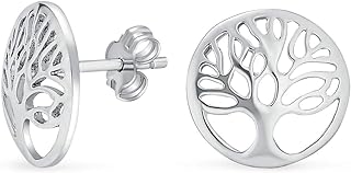 Oval Round Disc Natures Loving Family Wishing Tree of Life Dangle Stud Earrings For Women 14K Rose Gold Plated .925 Sterling Silver Lever back