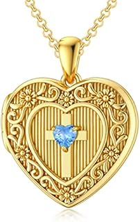 Lobster Clasp Blue-Zircon Encrusted Cross Locket Necklace with Rolo Chain for Men and Women - 10K/14K/18K Solid Yellow Gold Heart Locket Designs by SOULMEET