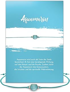 Glücksschmiedin - Handmade Armband mit Aquamarin und silbernen Perlen auf elastischem Textilband, 14,7x10,4cm Wunschkarte und Geschenk-Set, ideal für besondere Anlässe