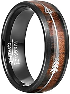 Arrow-Patterned Hawaiian Koa Wood Wedding Rings in Tungsten Carbide for Men and Women, Size 7-14