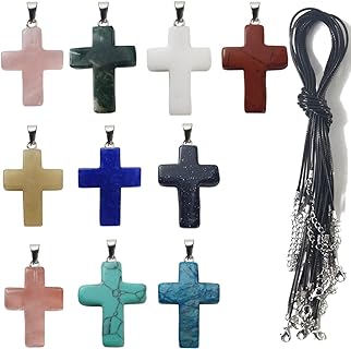 20PCS/Set Cross Shape Stone Pendants with Leather Chain Chakra Beads Crystal Quartz Healing Charms for DIY Necklace Jewelry Making, Assorted Color
