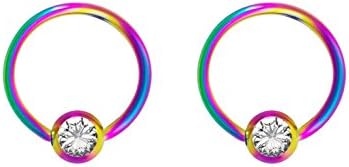 Surgical Steel Clasp Nipple Jewelry with Cubic Zirconia Gems, 16 Gauge, Rainbow or Black,Hoop Design for Men and Women