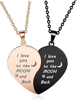 Jovivi Personalized Couple Necklaces - 2pcs Stainless Steel Heart Shaped Matching Set with Cable Chain and Lobster Clasp - Engraved with 'I Love You to The Moon and Back' - Ideal Couples Gift