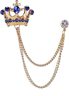 Elegant Pin Clasp Brooch- Rhinestone Encrusted Alloy Crown - Retro Long Chain Design - Sophisticated Lapel Pin Accessory for Men's Suits and Coats
