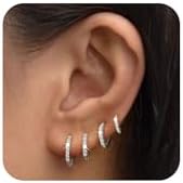 LEXODY 4 Pairs Small Silver Hoop Earrings Set for Women, Sterling Silver Tiny Lightweight Cubic Zirconia Cuff Huggie Earrings Cartilage Earring Piercing Jewelry for Women Girls 9mm/11mm/14mm/16mm