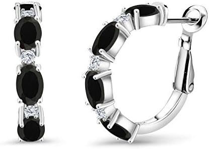 Gem Stone King 925 Sterling Silver Black Onyx and White Lab Grown Diamond Hoop Earrings For Women | 3.43 Cttw | Gemstone Birthstone | Oval 6X4MM and Round 2MM