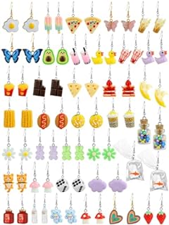 Quirky Fun Push-Back Dangle Earrings Set - 36 Pairs of Eye-Catching, Resin-made Flower, Mushroom, Bear, and Cat Designs for Teen Girls and Women - Lightweight, Hypoallergenic, and Durable