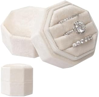 Vintage Velvet 3-Slot Octagon Ring Box for Women and Girls by Gvhntk - Beige Keepsake Wedding Ring Display Holder in an Aniser Shape for Engagement, Wedding & Special Occasions