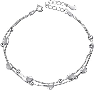 S925 Sterling Silver Jewelry Forever Love Heart Stars Beads Double Chain Bracelet Friendship Adjustable Charm Bracelet Gift for Womens Girls 7+2 inches