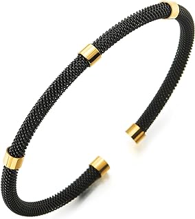 Adjustable Thin Black Stainless Steel Mesh Cable Cuff with Gold Tube Beads - Elegant Unisex Bracelet