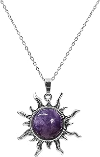 Lobster Clasp Amethyst Encrusted Sun Pendant Necklace with Cable Chain for Women - Round Reiki Inspired Design - Perfect Birthday or Christmas Gift