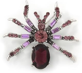 Vintage Inspired Purple/Violet Crystal Spider Brooch In Antique Silver Tone - 40mm Across
