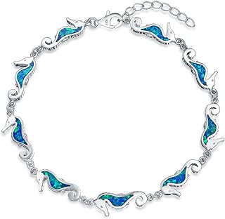 Nautical Seahorse Blue Created Opal Charm Link Bracelet For Women .925 Sterling Silver