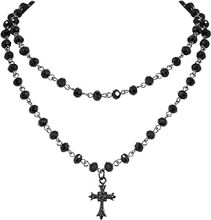Sacina Layered Cross Necklace, Black Bead Necklace, Ankh Necklace, Gothic Necklace, Goth Necklace, Emo Grunge Necklaces, Costume Jewerly, Christmas Jewelry Gift for Women