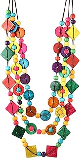 NC Bohemian Coconut Shell Wood Bead Necklace Handmade Ethnic Wooden Beaded Choker Colorful Layered Long Necklace for Women Girl Vaction Jewelry