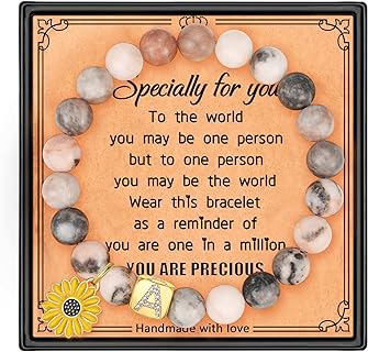 BOMAIL Initial Bracelet for Women Natural Stone Bracelet 26 Letter Sunflower Charm Bracelet with CZ Initial Sunflower Bead Bracelet for Sister Daughter Mother Best Friend Inspirational Jewelry Gifts