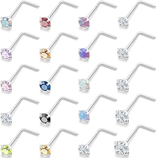 Vsnnsns 18G 20G 22G Nose Rings for Women 316L Surgical Stainless Steel L Shaped Nose Studs Screw Bone Opal Nose Rings Nostril Piercing Diamond CZ 1.5mm 2mm 2.5mm 3mm 3.5mm 4mm Silver 20pcs