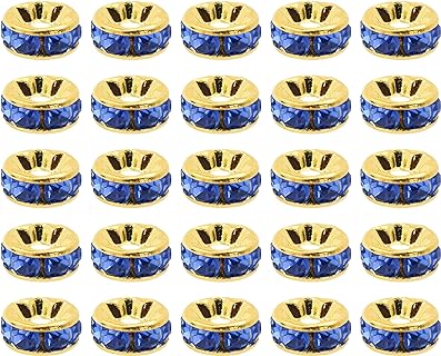 Mandala Crafts Gold Sapphire Blue Round Beads in Gold, Wood, & Metal for DIY Jewelry Crafts - 8mm Rhinestone Rondelle Crystal Beads for Necklaces, Bracelets & More