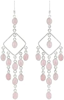 Easy-Hook Rose Quartz Dangle Earrings in Silver Plating for Women - Bohemian Oval Design