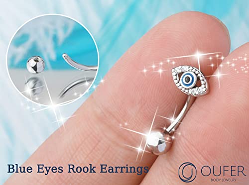 OUFER 16G Rook Earrings, 316L Surgical Steel Eyes Rook Piercing Jewelry, Clear CZ Paved Eyebrow Rings, Curved Barbells, Vertical Labret Lip Piercing Jewelry